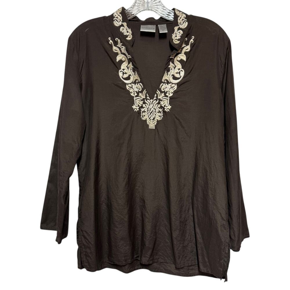 Chico's Cotton Silk Tunic Top Brown Cream 1 / Medium